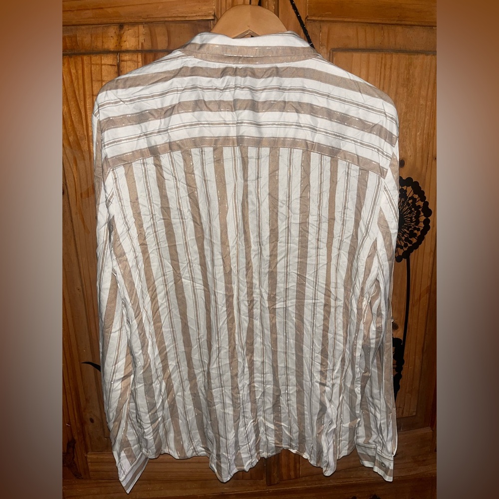ESQUALO Tan/Gold/White Stripe Blouse-Silk blend Pocket- Buttonup Sleeve-EUC Sz12 - Picture 5 of 11